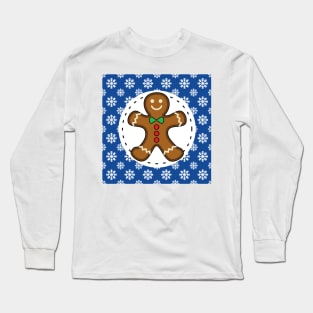 Gingerbread Man on Blue White Snowflakes Pattern Long Sleeve T-Shirt